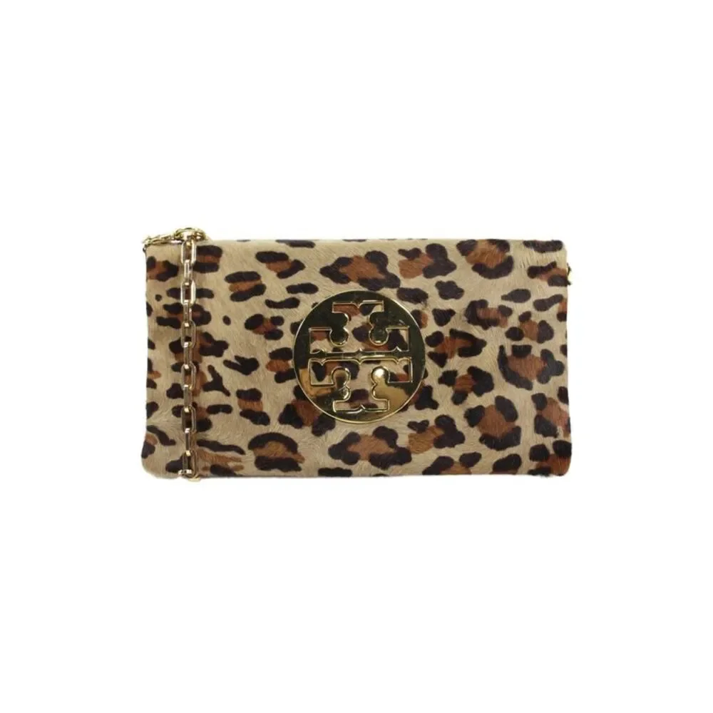 Tory Burch Womens Animal Print Gold Tone Medallion Shoulder Handbag Brown Black